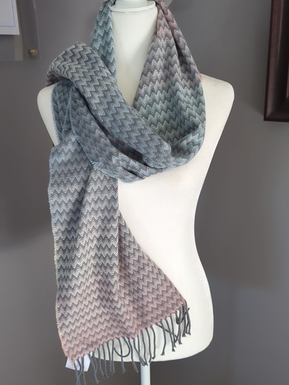 3 For $30. D&Y Chevron Gradient Scarf in Gray, Blue & Pink